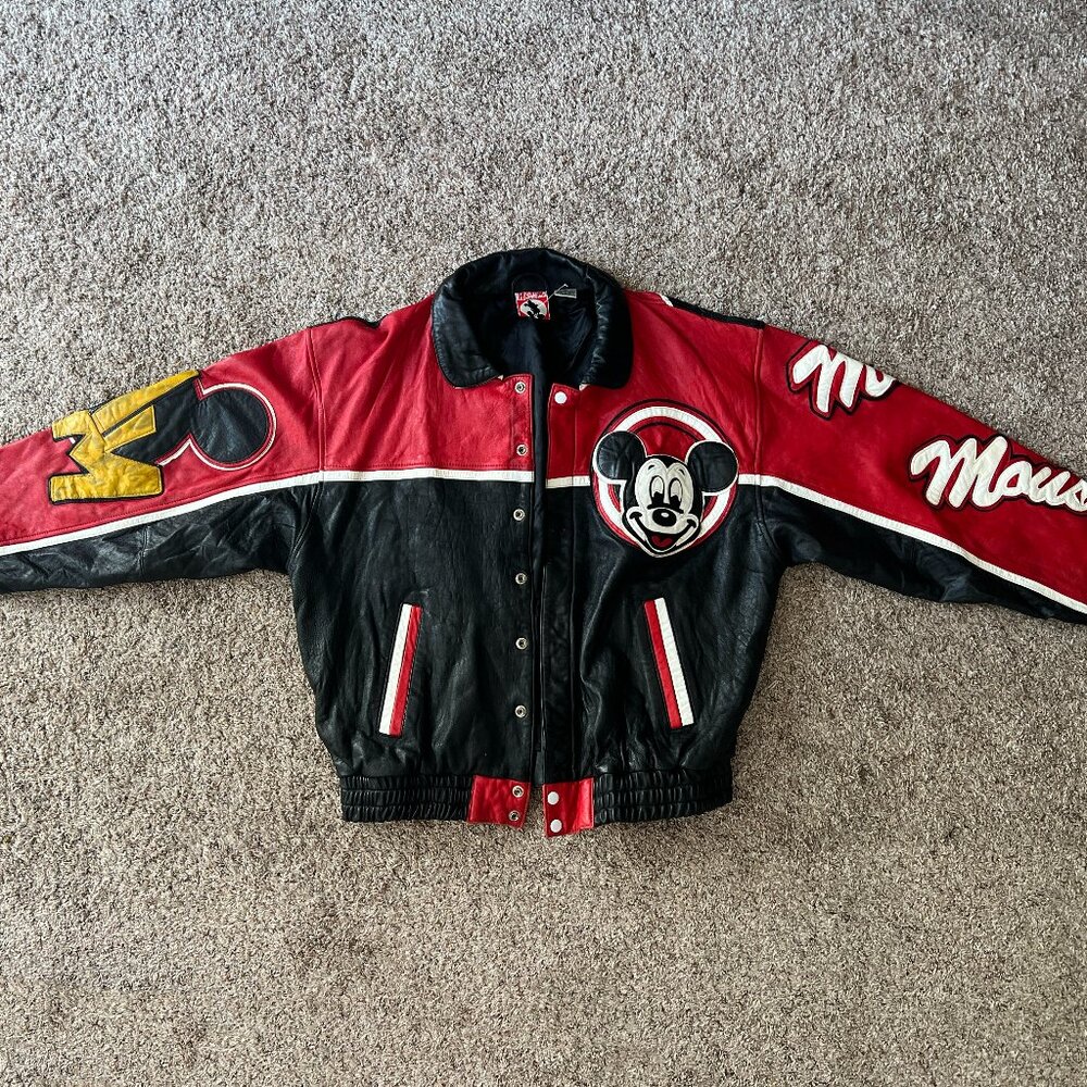 Vintage 90's Mickey Mouse Full Leather Bomber Jacket Coat Unisex Sz L RARE